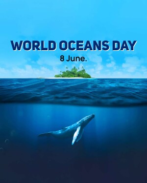 Image commemorating World Oceans Day with a whale and tropical island.