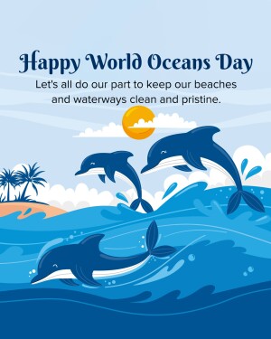 Illustration of dolphins jumping in the ocean with a beach in the background, celebrating World Oceans Day.