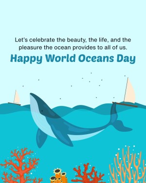 Illustration of a whale swimming in the ocean with sailboats and coral, celebrating World Oceans Day.