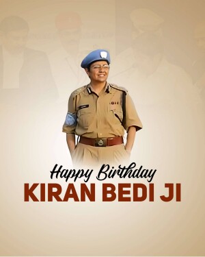 Portrait of Kiran Bedi, former IPS officer and Lieutenant Governor of Puducherry, with a birthday greeting.