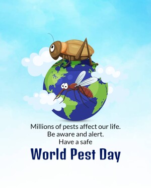 Illustration of insects on a globe with text promoting World Pest Day