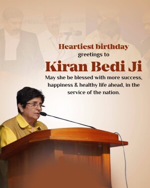 Image of Kiran Bedi at a podium with birthday greetings.