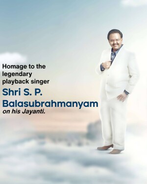 Portrait of S. P. Balasubrahmanyam with text commemorating his Jayanti