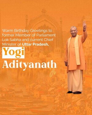 Image of Yogi Adityanath with Taj Mahal in the background, wishing him a happy birthday.
