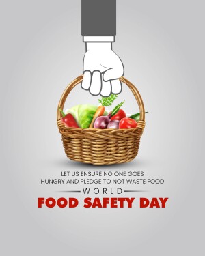 Hand holding a basket of fresh vegetables with a message about food safety and reducing waste.