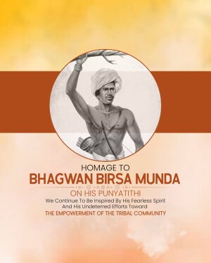 Portrait of Bhagwan Birsa Munda with text honoring his Punyatithi