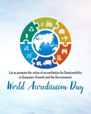 World Accreditation Day graphic featuring a globe surrounded by puzzle pieces representing sustainability and economic growth.