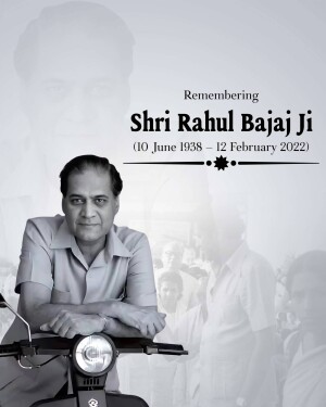 Portrait of Shri Rahul Bajaj Ji with a vintage scooter and a faded crowd background.