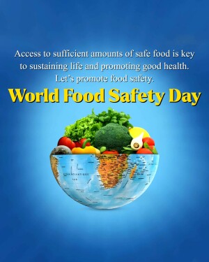 World Food Safety Day graphic with fruits, vegetables, and a globe.