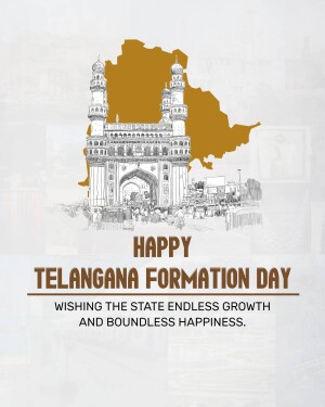 Telangana Formation Day greeting with Charminar and state map