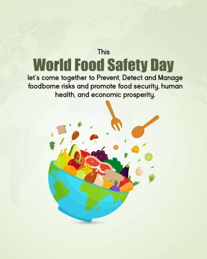 Illustration for World Food Safety Day featuring fruits, vegetables, and utensils in a globe-shaped bowl.