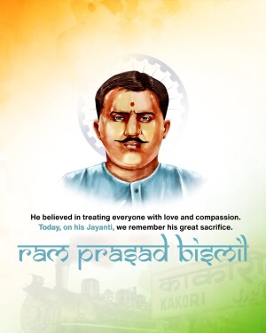Portrait of Ram Prasad Bismil, an Indian revolutionary, with the Indian flag in the background.