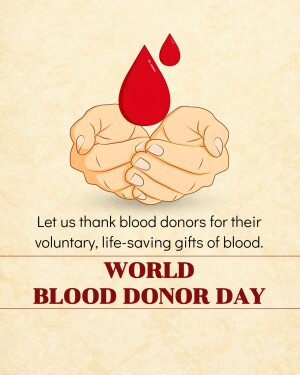 Hands cradling blood drops with World Blood Donor Day text