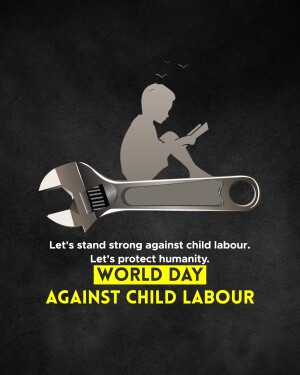 Illustration depicting a wrench forming a silhouette of a child reading, promoting awareness against child labour.