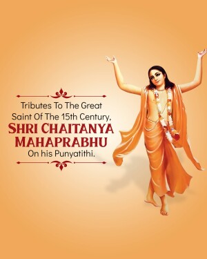 Image of Sri Chaitanya Mahaprabhu with text honoring his Punyatithi