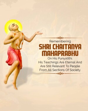 Image of Sri Chaitanya Mahaprabhu with text commemorating his Punyatithi