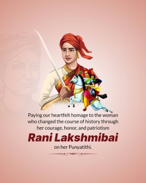 Portrait of Rani Lakshmibai, the Queen of Jhansi, with a horse and child in the background.