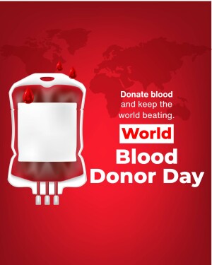 Image promoting blood donation with a blood bag and world map.