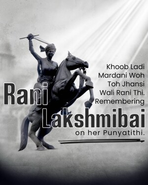 Statue of Rani Lakshmibai on horseback with text overlay