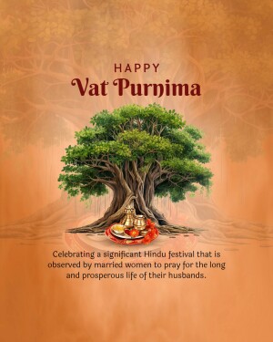 Vat Purnima festival greeting with a banyan tree and puja thali