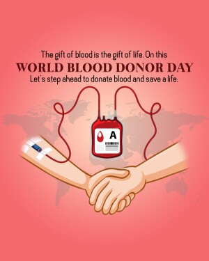 Image promoting World Blood Donor Day with a blood bag and arms shaking hands.