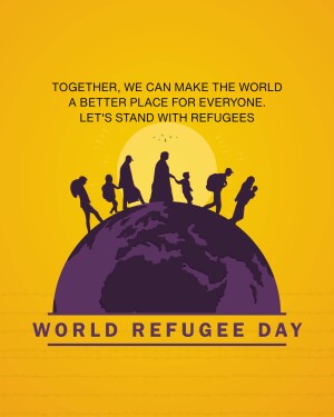 Silhouette of refugees walking on a globe with a rising sun, promoting World Refugee Day.