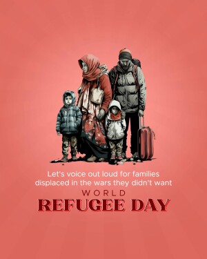 Illustration of a refugee family with a suitcase, promoting Refugee Day awareness.