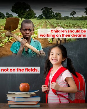 Image depicting the contrast between a child working in a field and a child going to school.