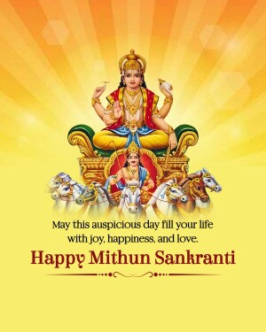Image of Lord Surya with horses and a festive greeting for Mithun Sankranti