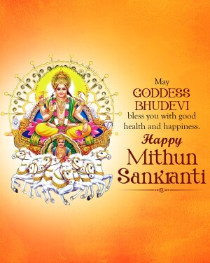 Image depicting Goddess Bhudevi with a festive Mithun Sankranti greeting.