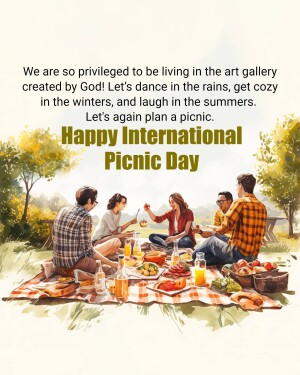 A watercolor-style illustration of a group of friends enjoying a picnic in a park.