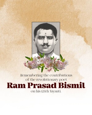 Portrait of Ram Prasad Bismil with floral decoration and text commemorating his birth anniversary.