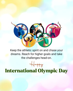 Illustration of various Olympic sports around Olympic rings with text 'Happy International Olympic Day'