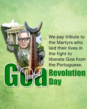 Image commemorating Goa Revolution Day with a portrait of a freedom fighter and the word 'Goa' in bold green letters.