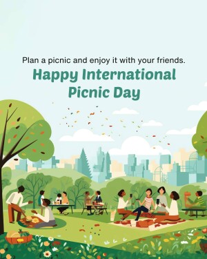 Illustration of people enjoying a picnic in a park with a city skyline in the background.