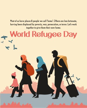 Silhouette of a refugee family walking towards the horizon with the text 'World Refugee Day'