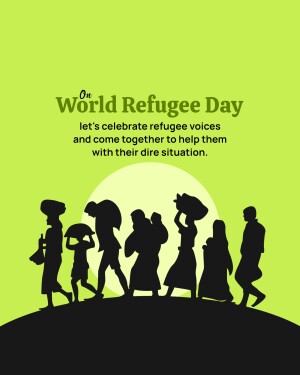 World Refugee Day poster with silhouettes of refugees walking towards a rising sun.