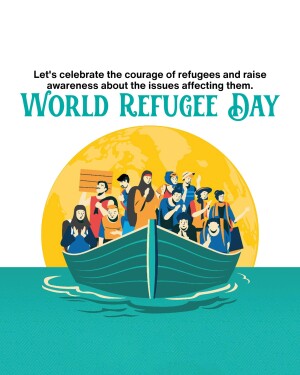 Illustration depicting refugees in a boat with a globe in the background for World Refugee Day.