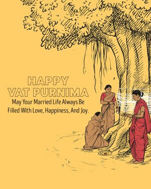 Illustration of a couple performing Vat Purnima rituals under a banyan tree.