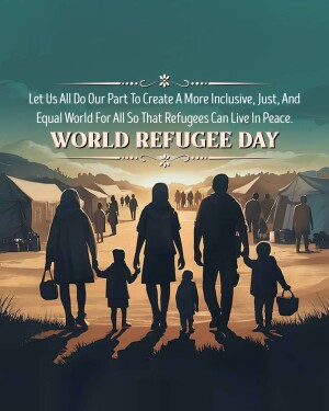 Silhouette of a refugee family walking towards the horizon on World Refugee Day.