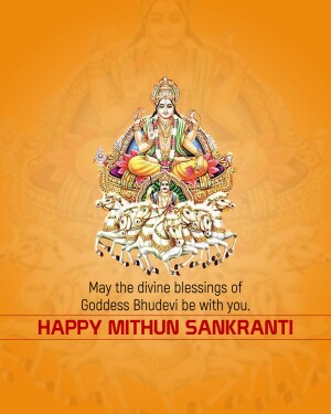 Image depicting Goddess Bhudevi and Lord Vishnu on Sheshnag with horses, celebrating Mithun Sankranti.