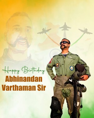 Image of Wing Commander Abhinandan Varthaman with fighter jets and the Indian flag.