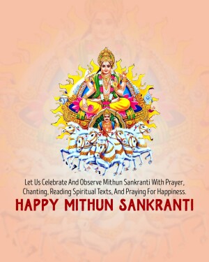Image depicting Lord Surya with seven horses and text 'Happy Mithun Sankranti'