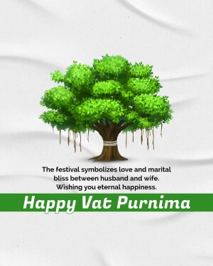 Illustration of a banyan tree with text wishing 'Happy Vat Purnima'