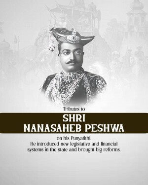 Black and white portrait of Nana Saheb Peshwa with text commemorating his Punyathithi