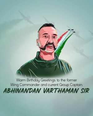 Portrait of Abhinandan Varthaman with Indian Air Force jets and flag