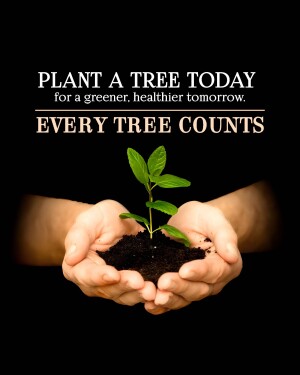 Hands holding a seedling in soil with text promoting tree planting