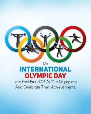 Olympic rings with athletes and text celebrating International Olympic Day