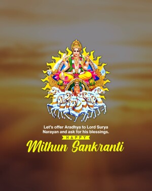 Image depicting Lord Surya with seven horses and text 'Happy Mithun Sankranti'