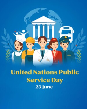 Illustration depicting various public service professionals with the United Nations logo and text 'United Nations Public Service Day 23 June'.